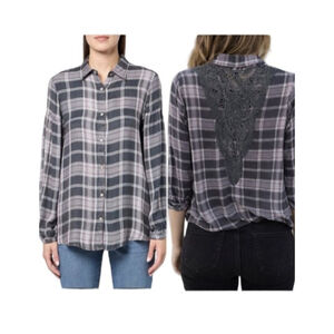 ANGIE Plaid Button Down Shirt boho Lace Back Gray Pink 3X streetwear grunge